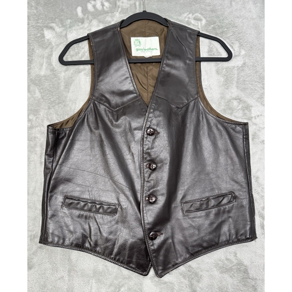 Vintage Gino Leathers Vest Mens Medium Brown Button Biker Western Moto 90s Y2K